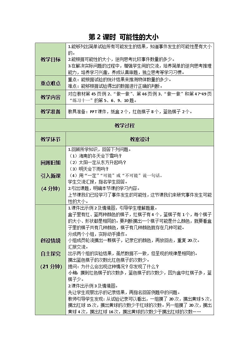 人教版数学五年级上册4.2可能性的大小教案01