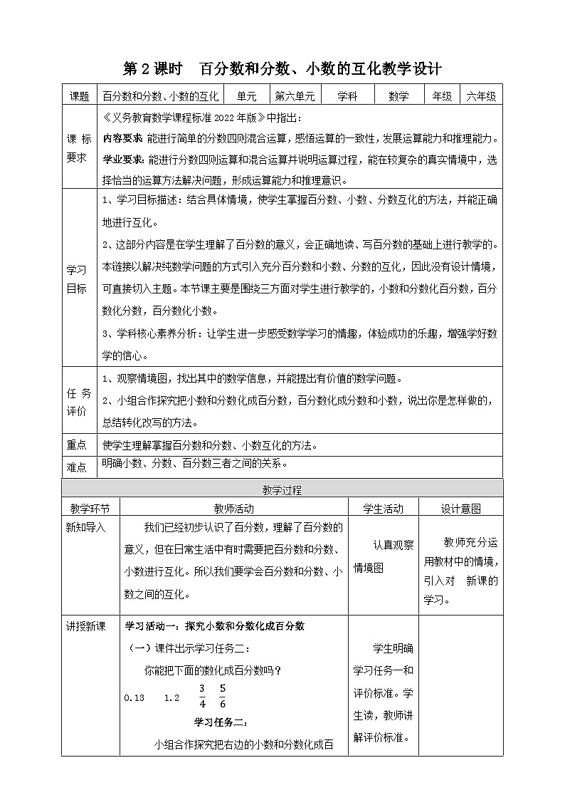 青岛版（六三制）数学六上7.2《百分数和分数、小数的互化》课件+教案01