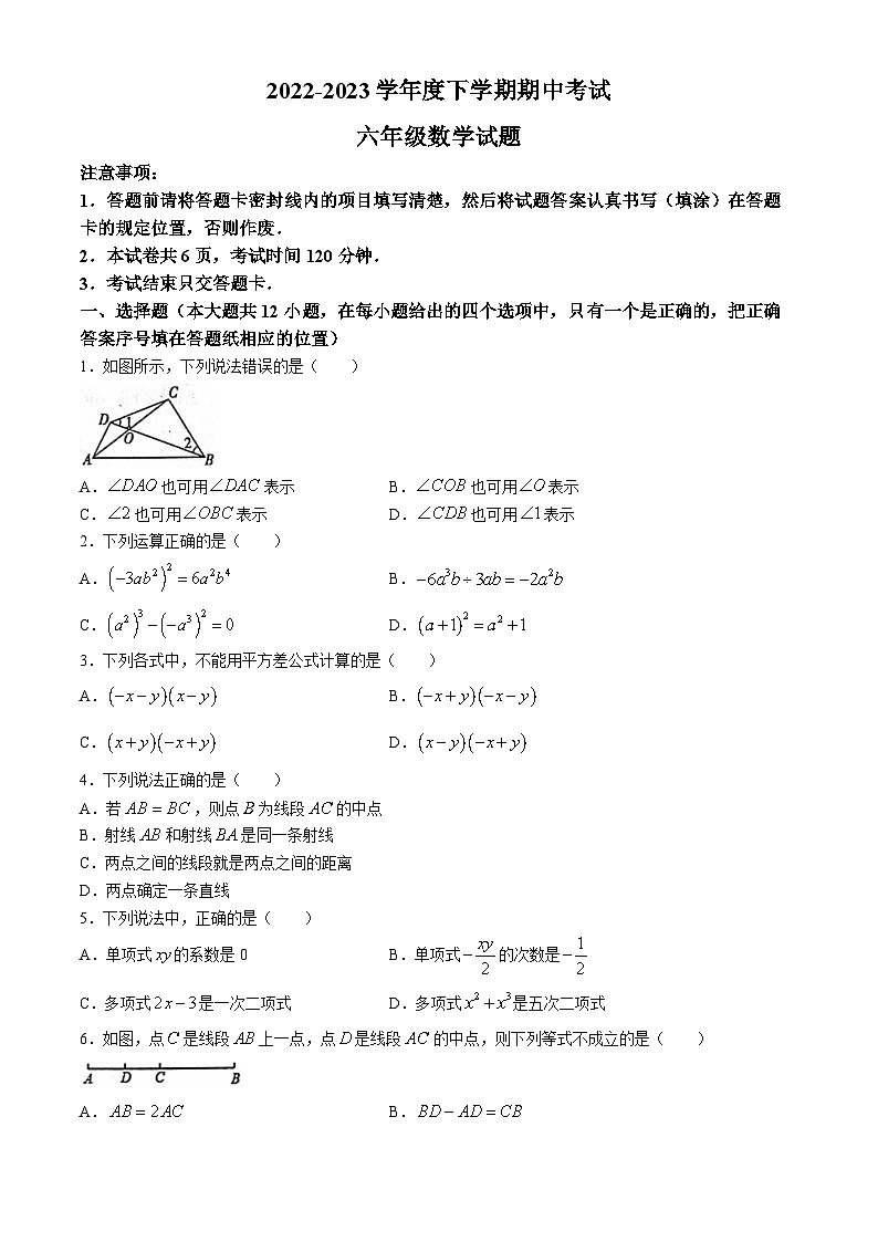 山东省泰安市肥城市2022-2023学年六年级下学期期中数学试题01