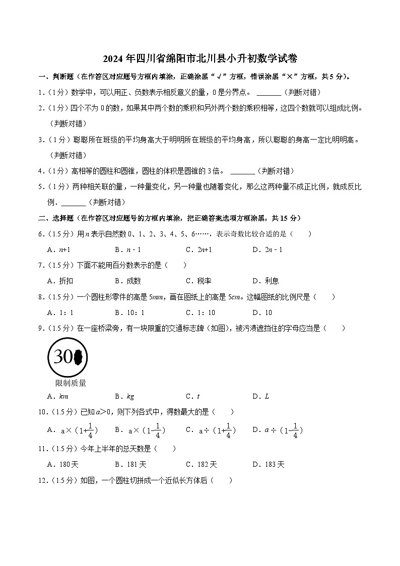 2024年四川省绵阳市北川县小升初数学试卷01
