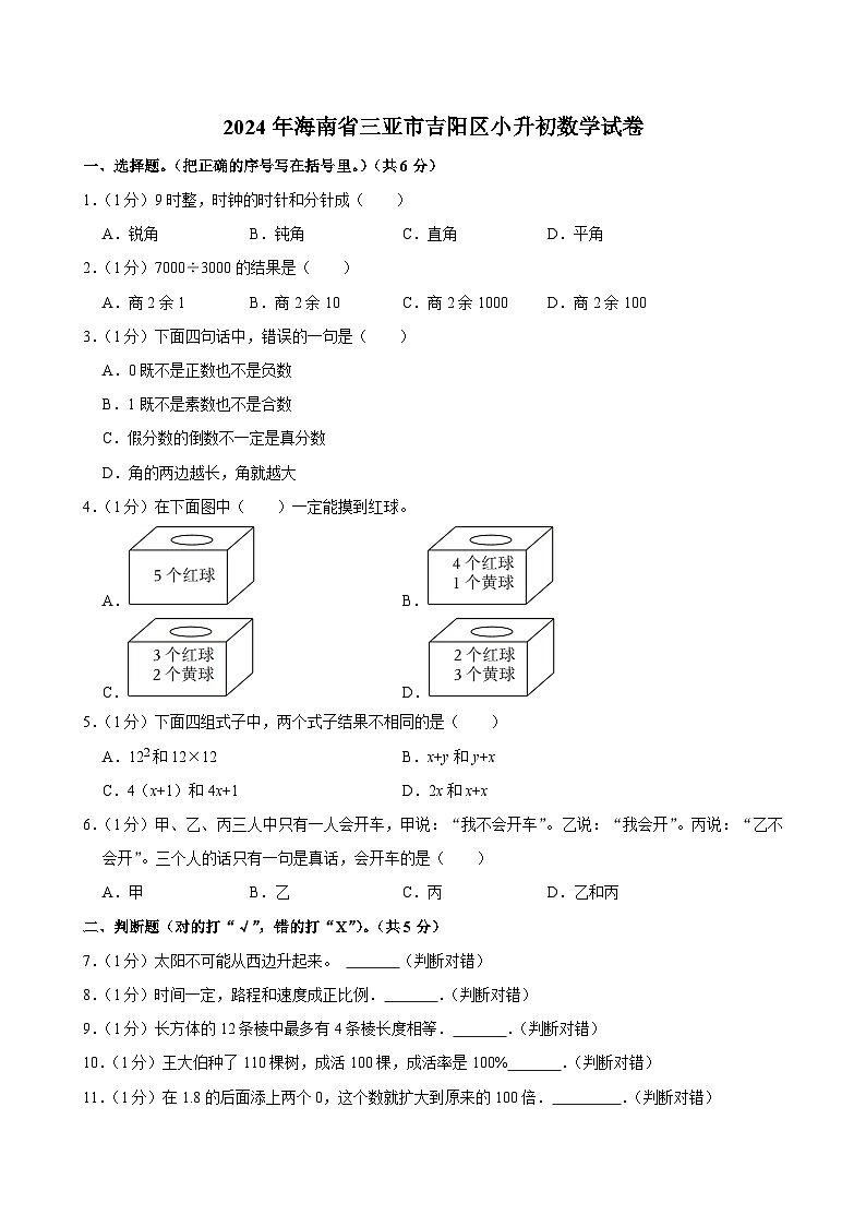 2024年海南省三亚市吉阳区小升初数学试卷第1页