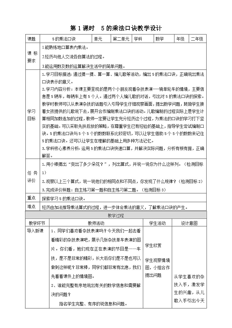 青岛版（六三制）数学二上2.1《5的乘法口诀》课件+教案01