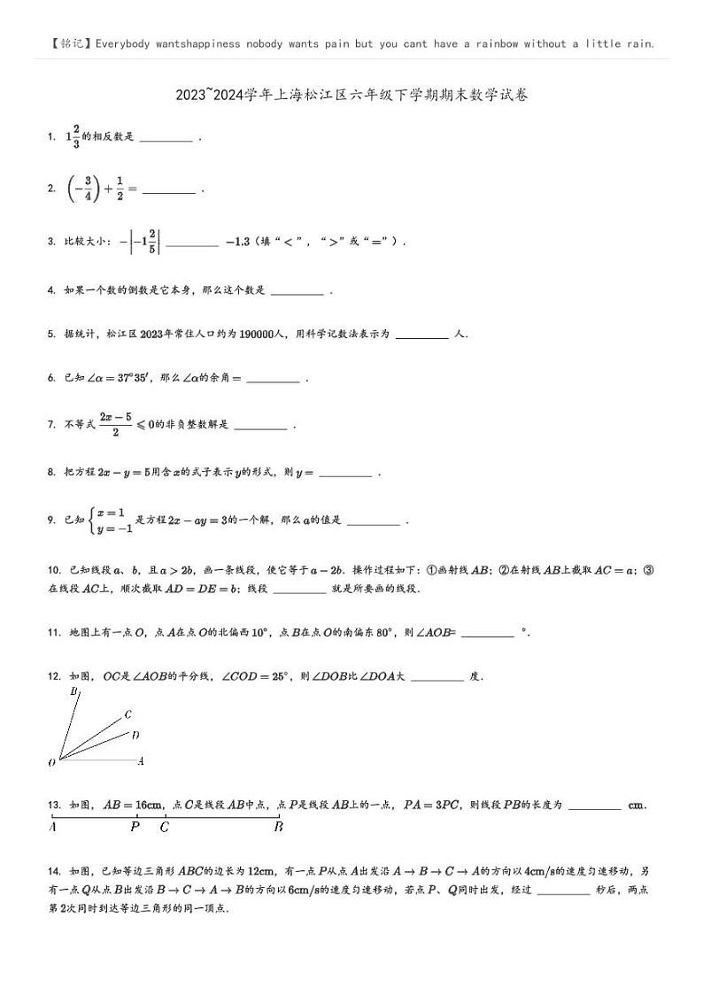[数学][期末]2023_2024学年上海松江区六年级下学期期末数学试卷原题版第1页
