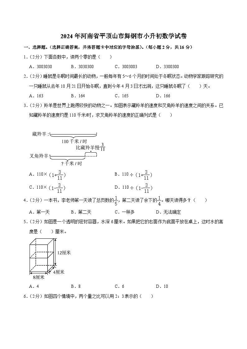 2024年河南省平顶山市舞钢市小升初数学试卷01