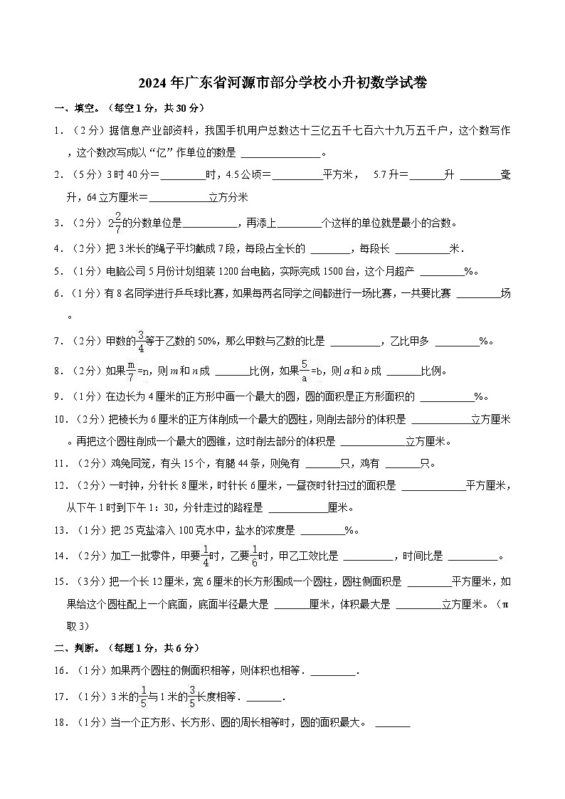 2024年广东省河源市部分学校小升初数学试卷01