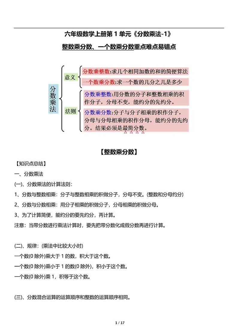 人教版数学六年级上册第一单元《分数乘法-1》整数乘分数 讲义教案01