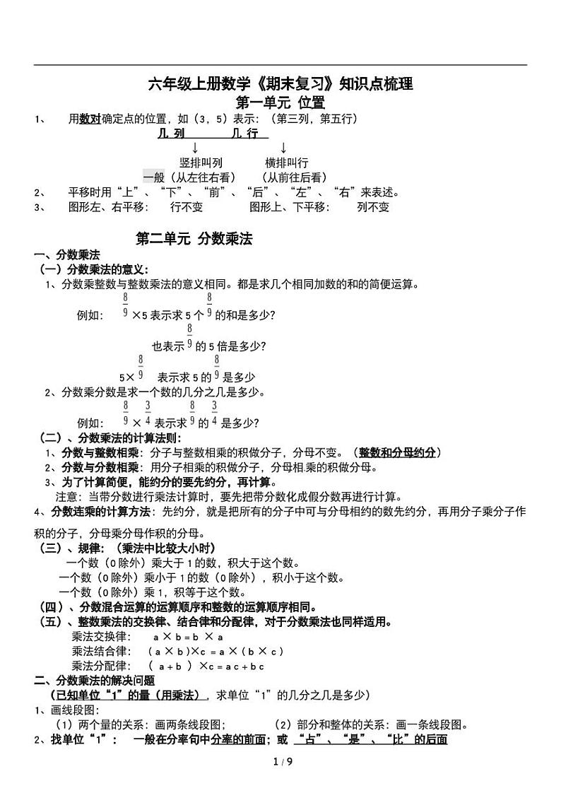 人教版数学六年级上册第九单元《总复习》讲义教案第1页