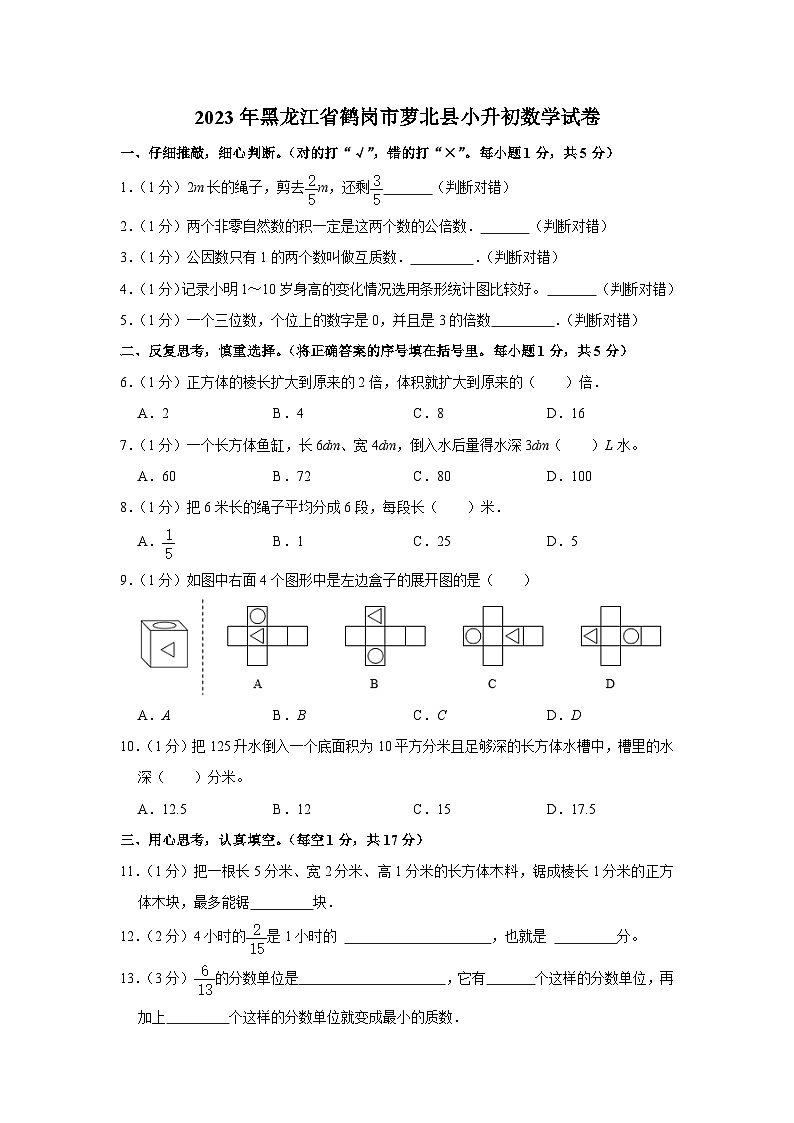 2023年黑龙江省鹤岗市萝北县小升初数学试卷第1页