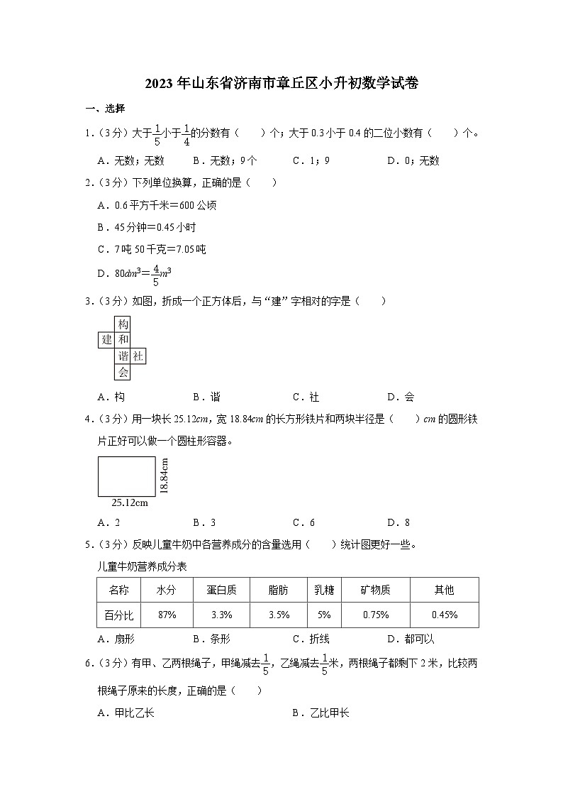 2023年山东省济南市章丘区小升初数学试卷第1页