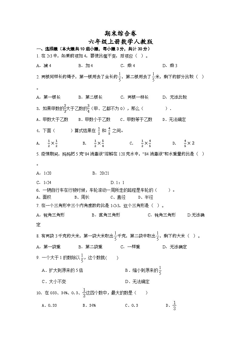 期末综合卷（试题）-2024-2025学年六年级上册数学人教版01