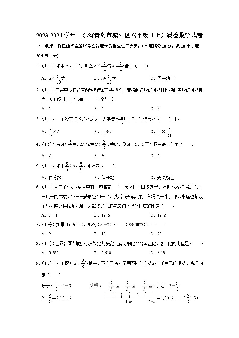 2023-2024学年山东省青岛市城阳区六年级（上）质检数学试卷01