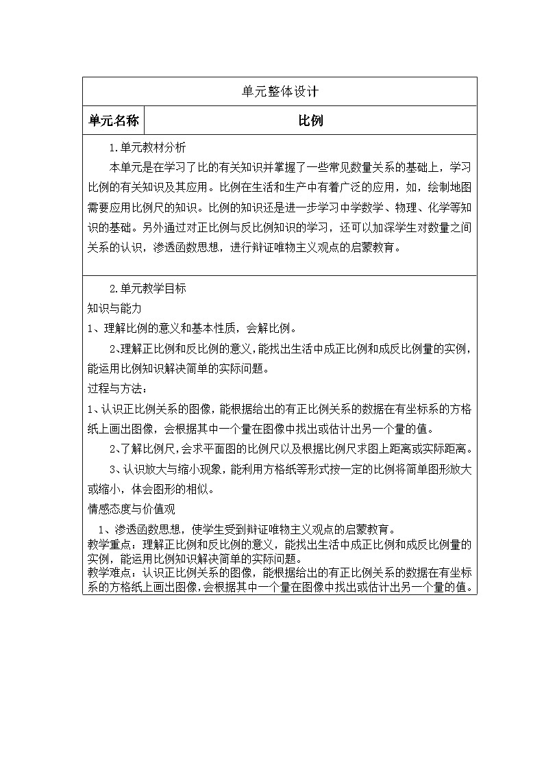 新课标人教版数学六年级下册核心素养教案比例单元分析教案01