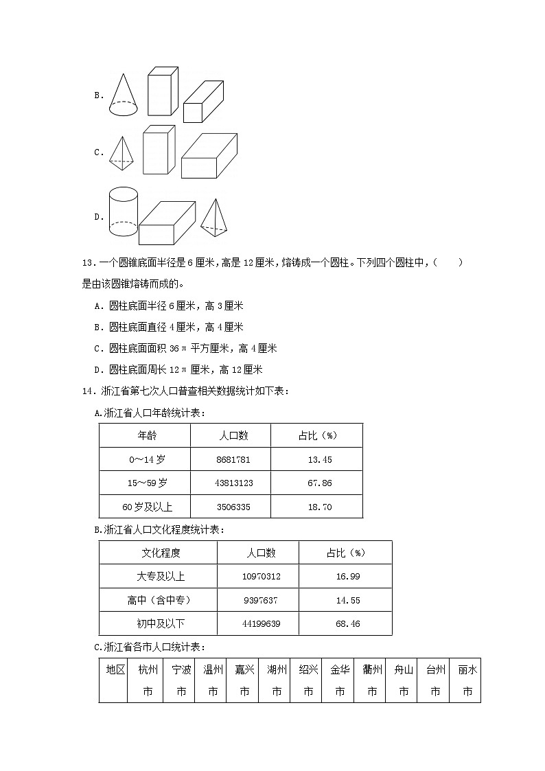 2021-2022学年浙江省杭州市六年级下册期末数学试卷及答案第3页