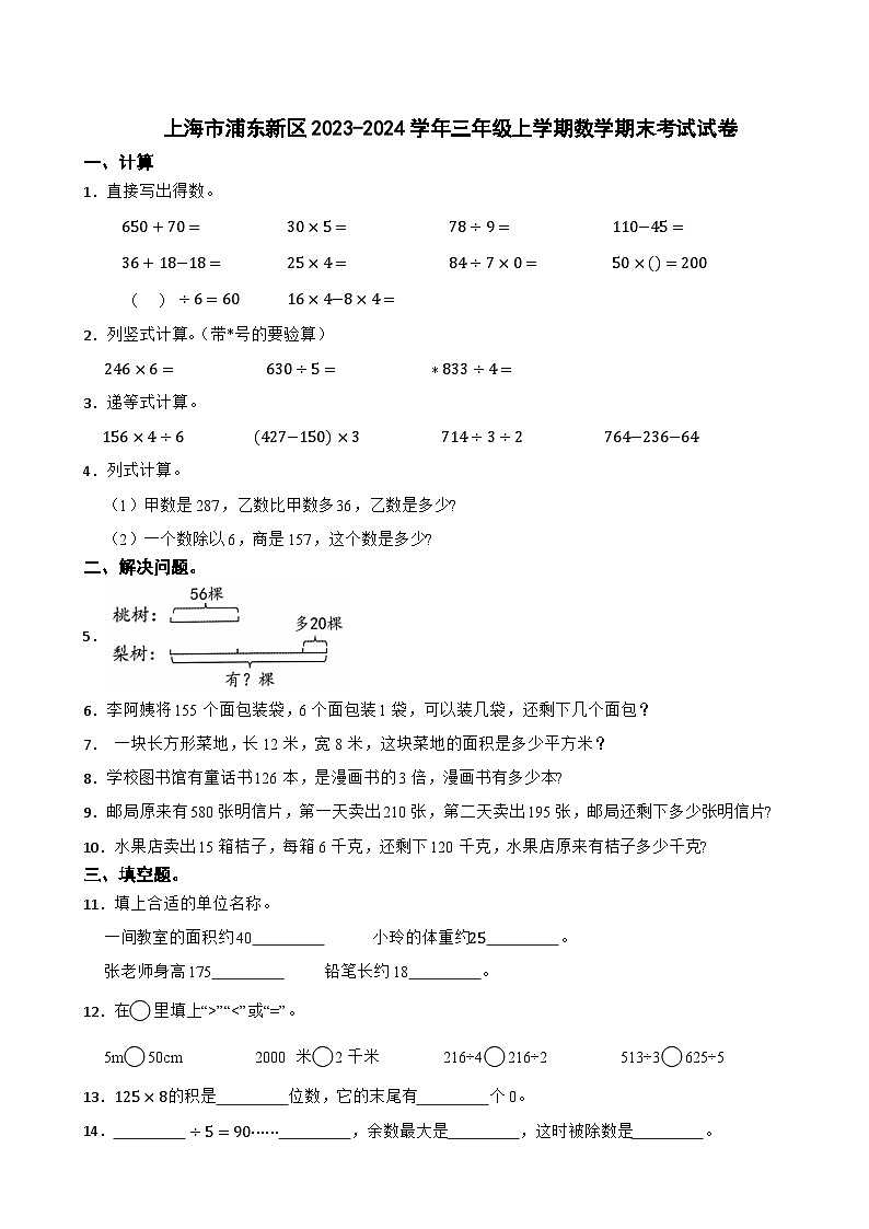 上海市浦东新区2023-2024学年三年级上学期数学期末考试试卷01