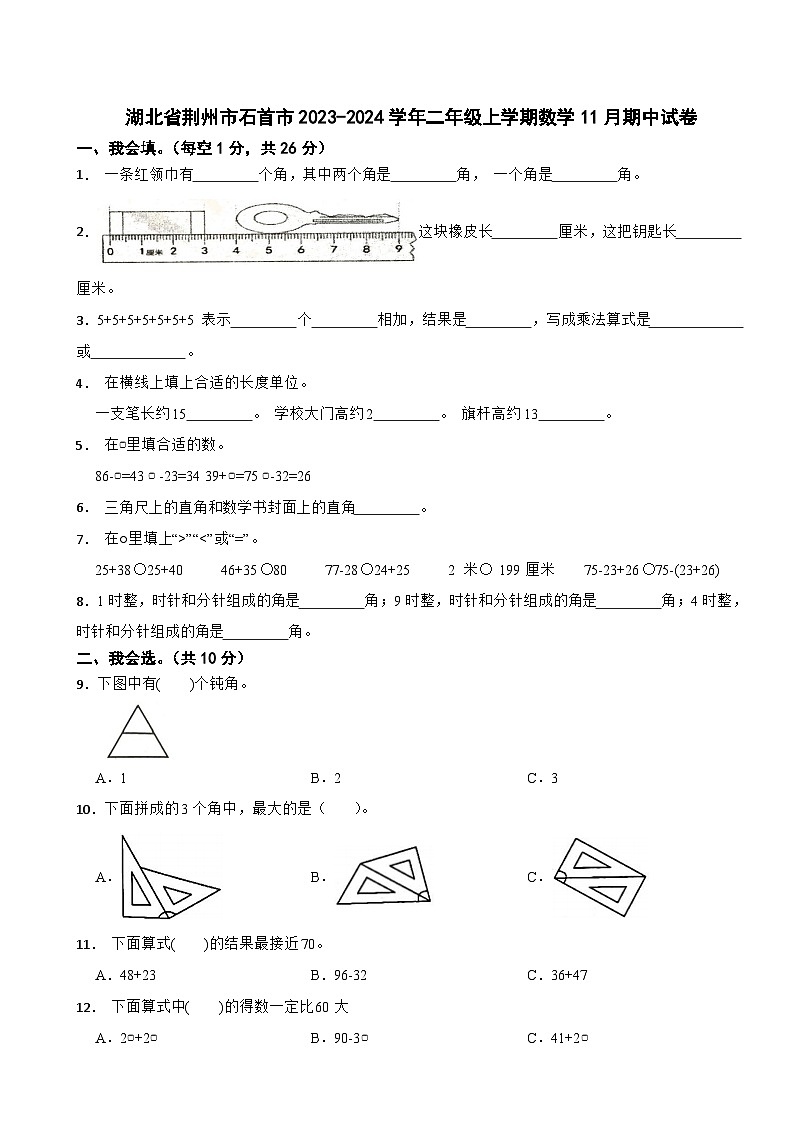 湖北省荆州市石首市2023-2024学年二年级上学期数学11月期中试卷01