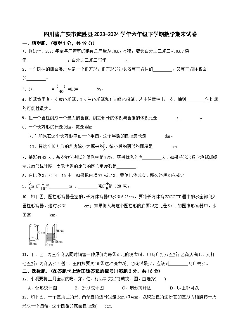 四川省广安市武胜县2023-2024学年六年级下学期数学期末试卷01