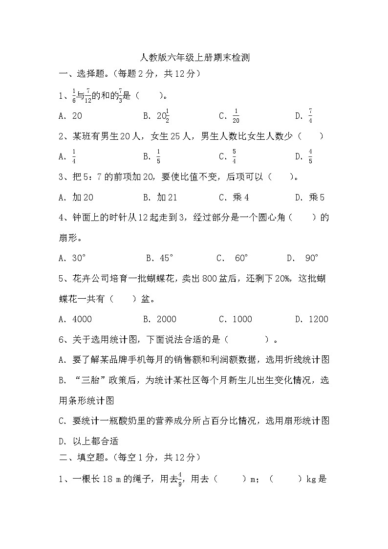 +期末检测（试题）-2024-2025学年六年级上册数学人教版01