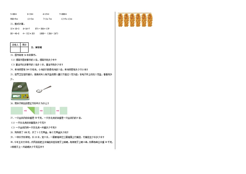 期中测试（试题）-2024-2025学年三年级上册数学苏教版02