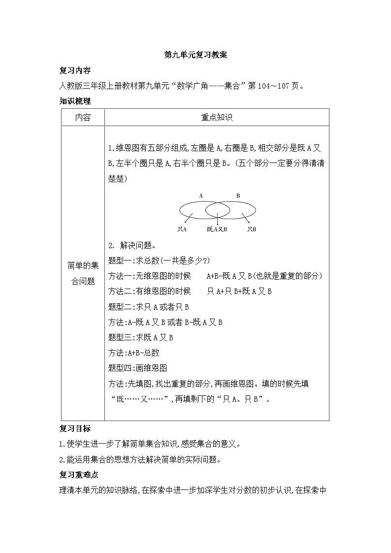 人教版三年级数学上册第九单元复习教案第1页