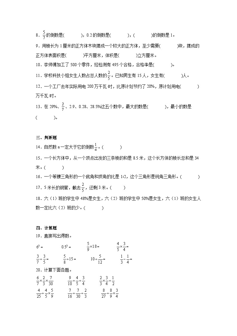 期末模拟练习（试题）-2024-2025学年六年级上册数学苏教版02