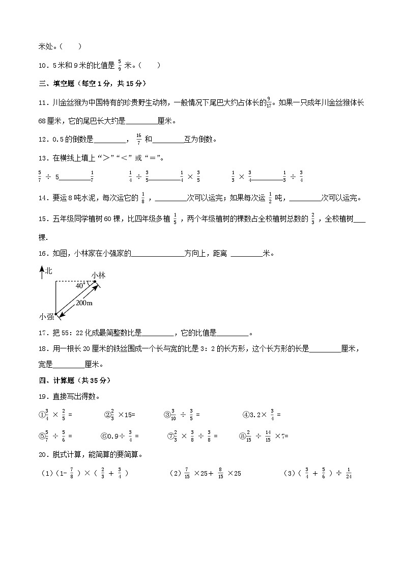 期中测试卷（1-4单元）（试题）-2024-2025学年六年级上册数学人教版.102
