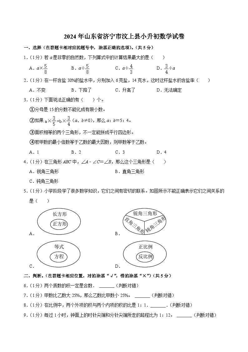 2024年山东省济宁市汶上县小升初数学试卷第1页