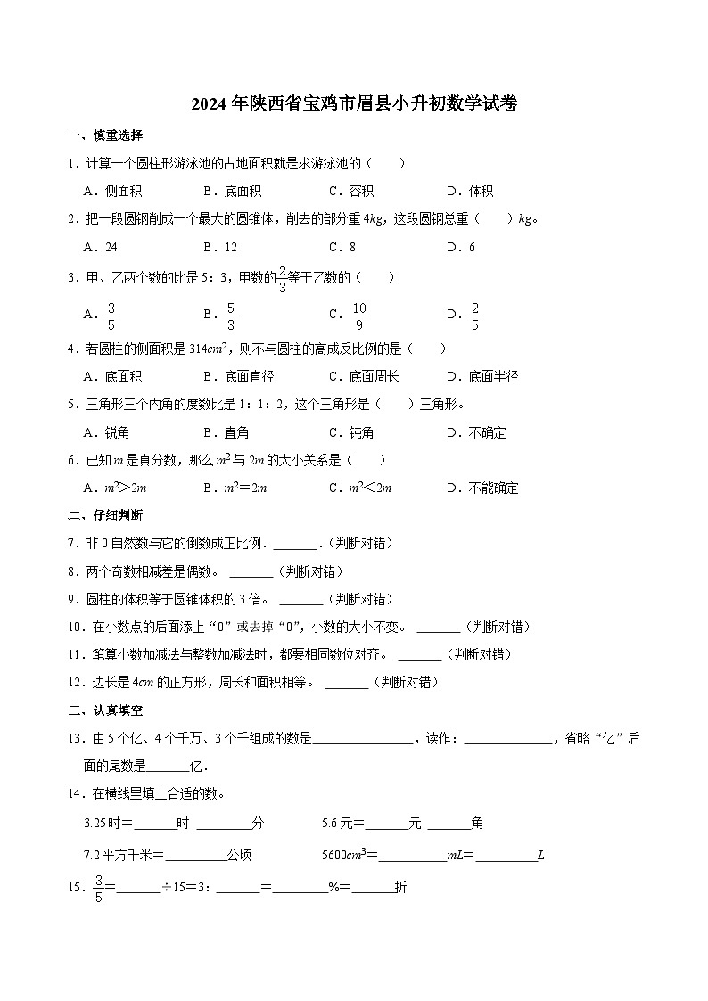 2024年陕西省宝鸡市眉县小升初数学试卷01