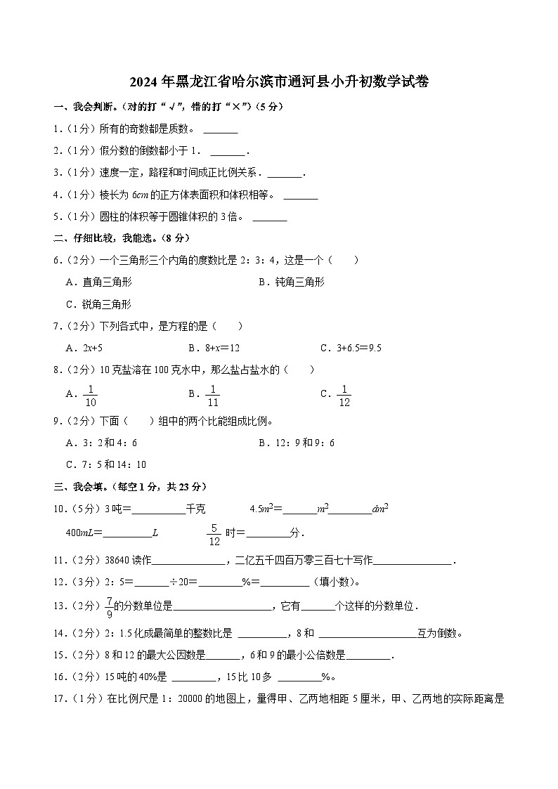 2024年黑龙江省哈尔滨市通河县小升初数学试卷第1页