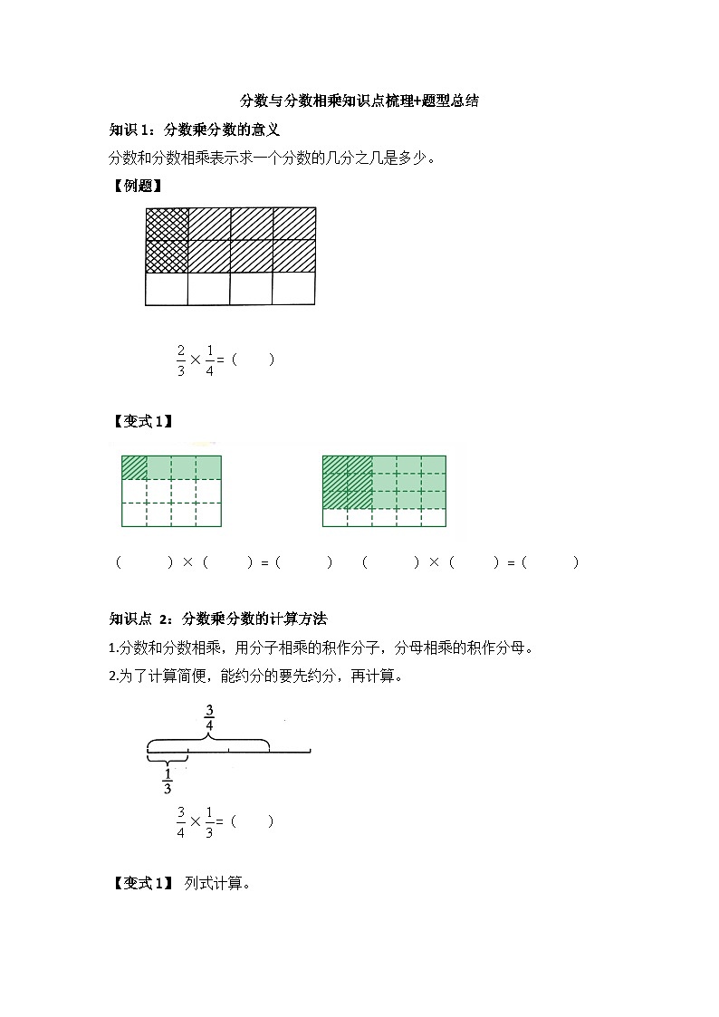 苏教版小学数学六上第二单元分数与分数相乘举一反三题型总结（知识点+例题+变式题）（学生版+教师版）01
