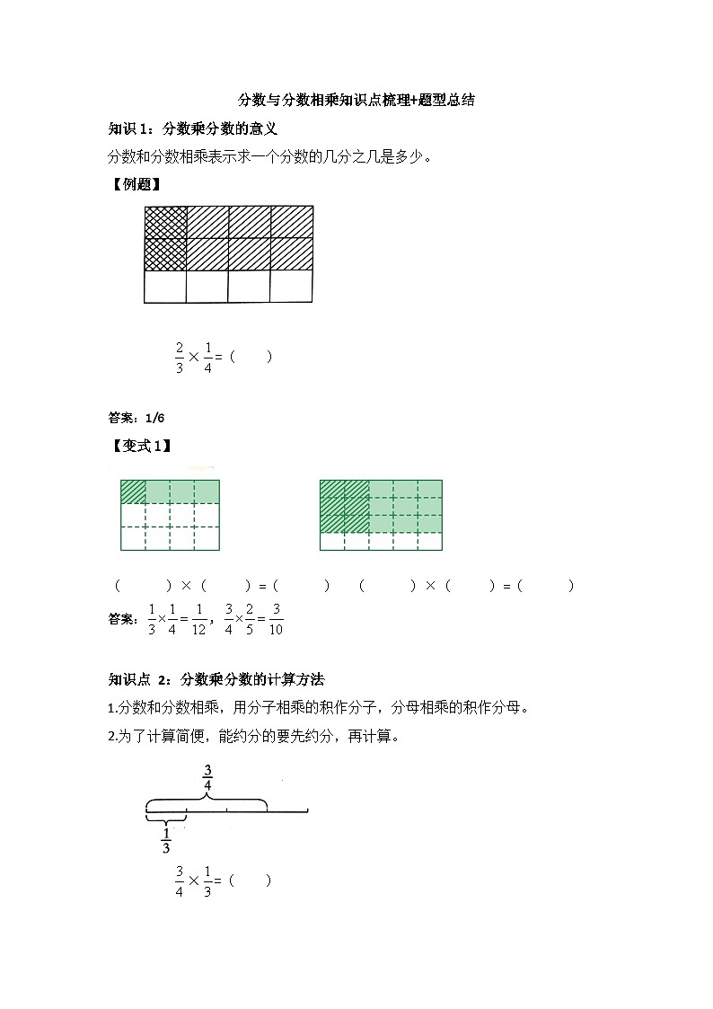 苏教版小学数学六上第二单元分数与分数相乘举一反三题型总结（知识点+例题+变式题）（学生版+教师版）01