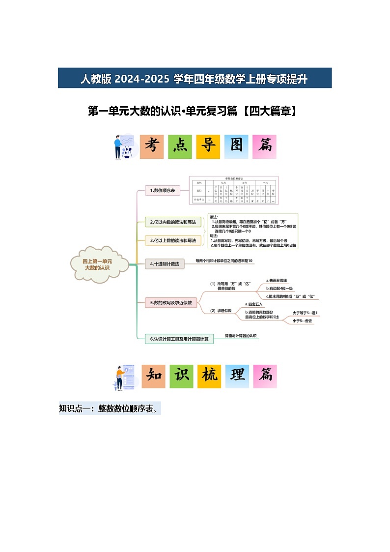 人教版2024-2025学年四年级数学上册专项提升第一单元大数的认识·单元复习篇【四大篇章】(原卷版+解析)第1页