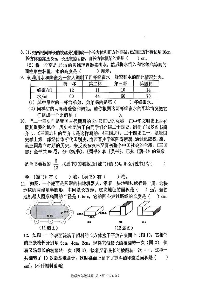 四川省雅安市2023-2024学年六年级下学期期末数学试卷第2页