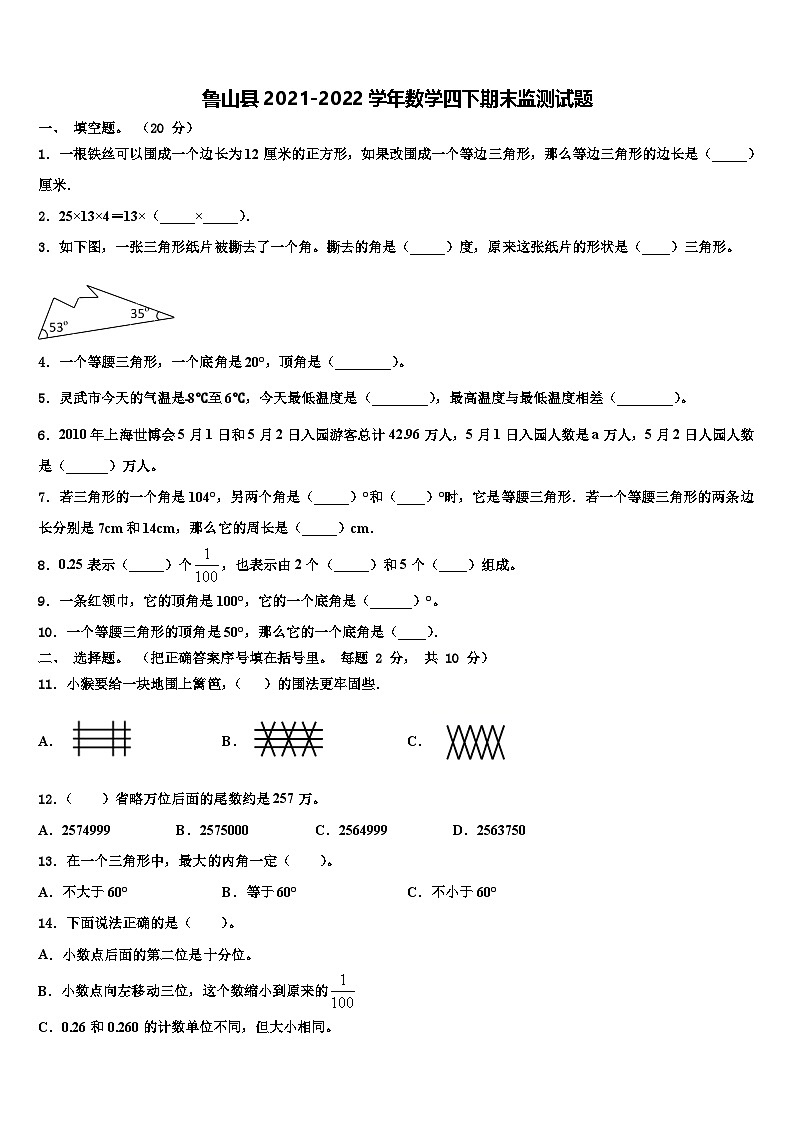 河南省平顶山市鲁山县2021-2022学年四年级下学期期末数学试题01