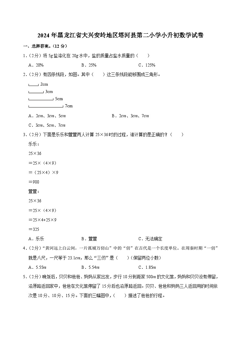 2024年黑龙江省大兴安岭地区塔河县第二小学小升初数学试卷第1页