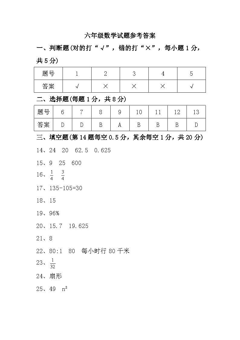 云南省保山市腾冲市2022-2023学年六年级上学期期末数学试题参考答案第1页