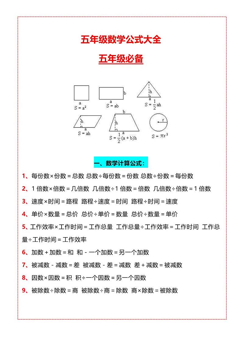 人教版小学五年级上册数学数学公式大全知识点汇总第1页