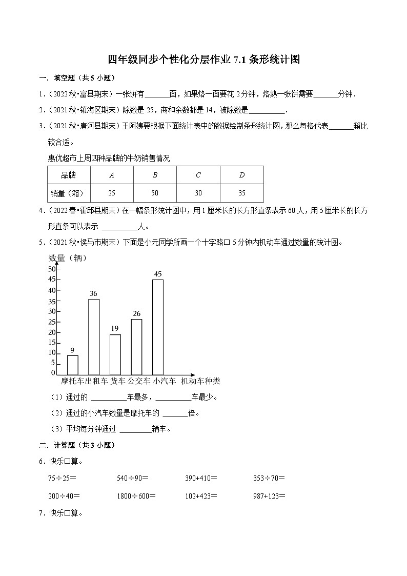 7.1条形统计图（拔尖练习）2024-2025学年人教版数学四年级上册第1页