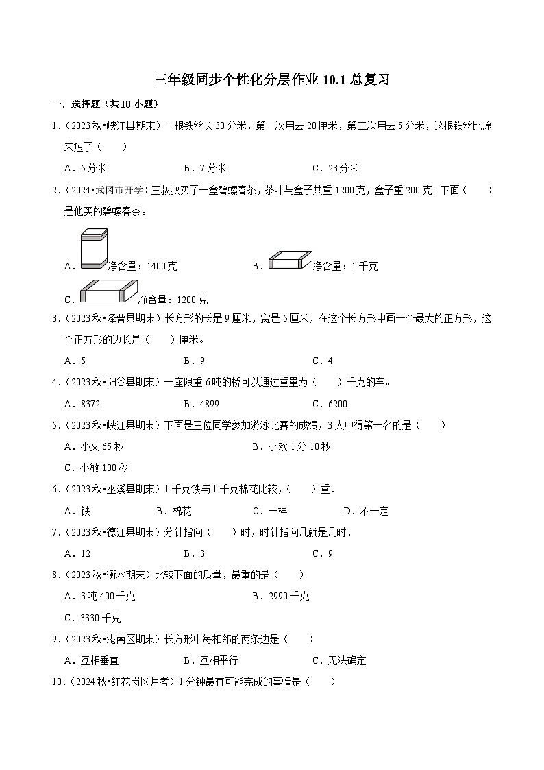 10.1总复习（基础练习）2024-2025学年人教版数学三年级上册第1页