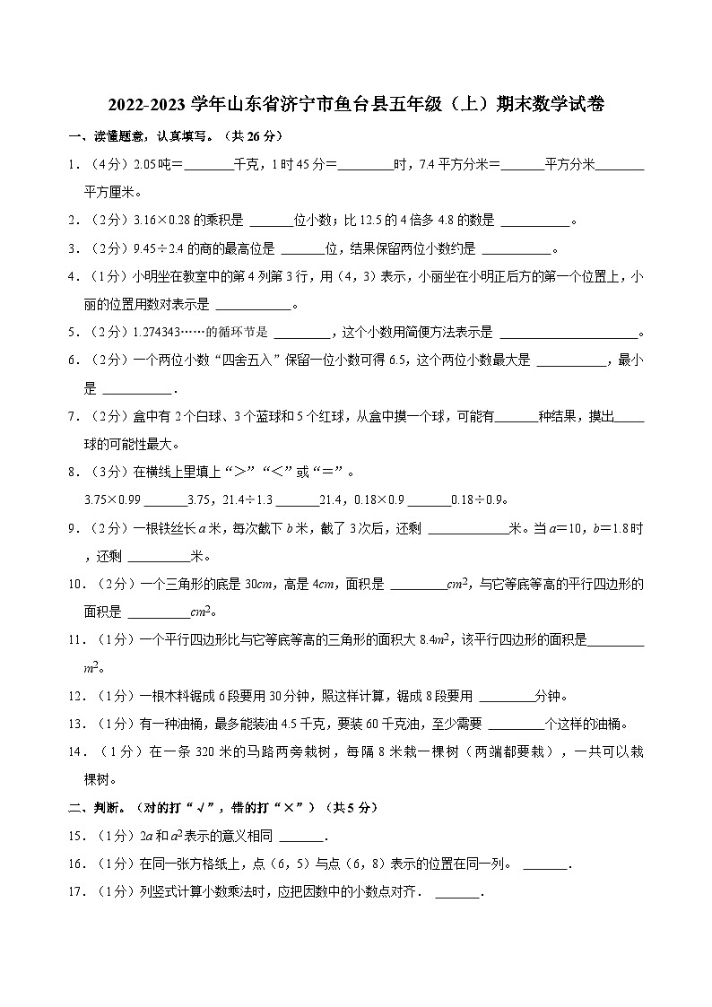 2022-2023学年山东省济宁市鱼台县五年级（上）期末数学试卷01