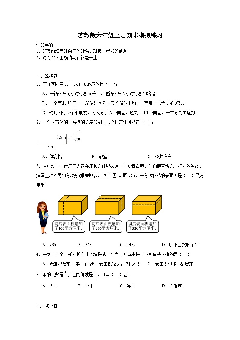 期末模拟练习（试题）-2024-2025学年苏教版六年级上册数学01