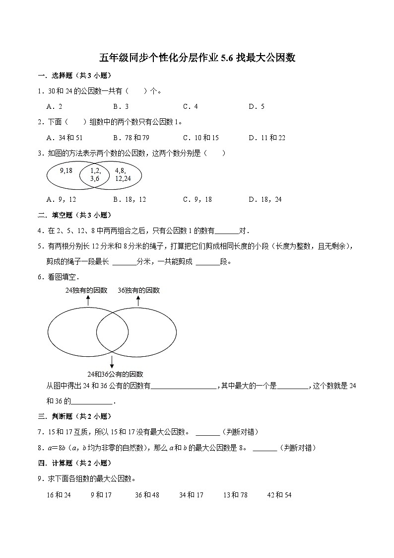 5.6找最大公因数（进阶作业）2024-2025学年五年级上册数学 北师大版（含解析）01