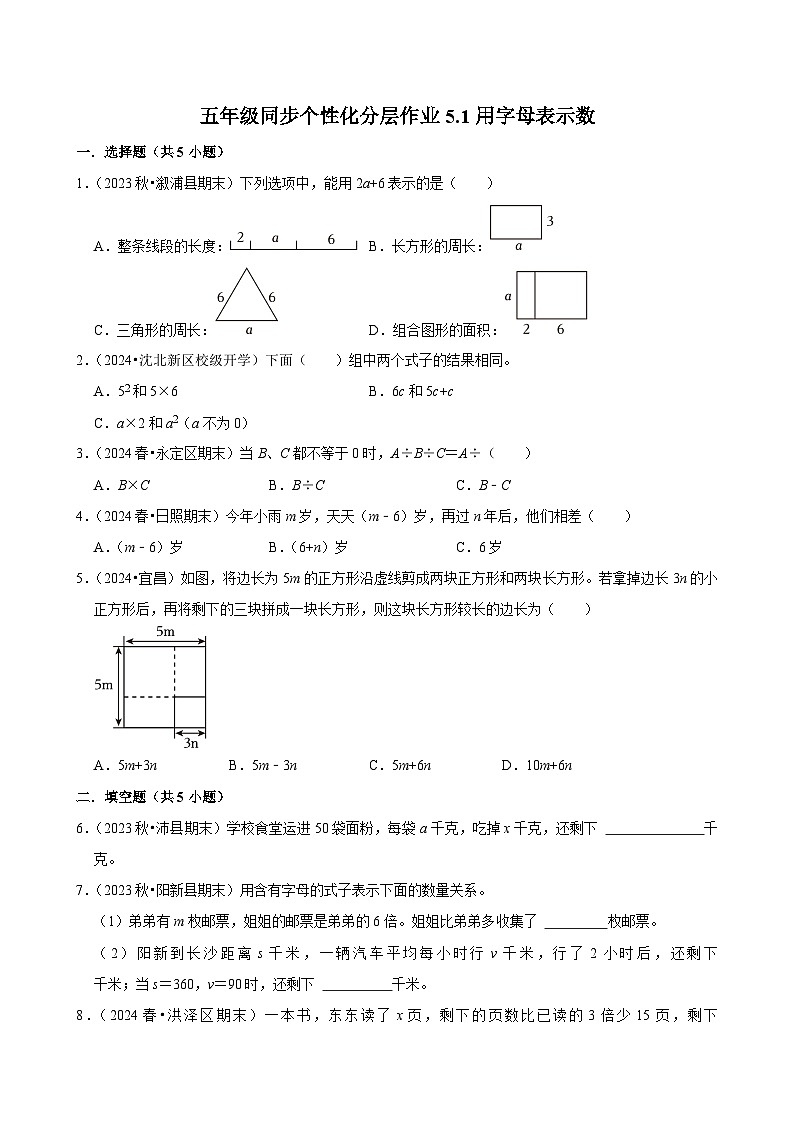 5.1用字母表示数（进阶作业）2024-2025学年五年级上册数学人教版（含解析）第1页