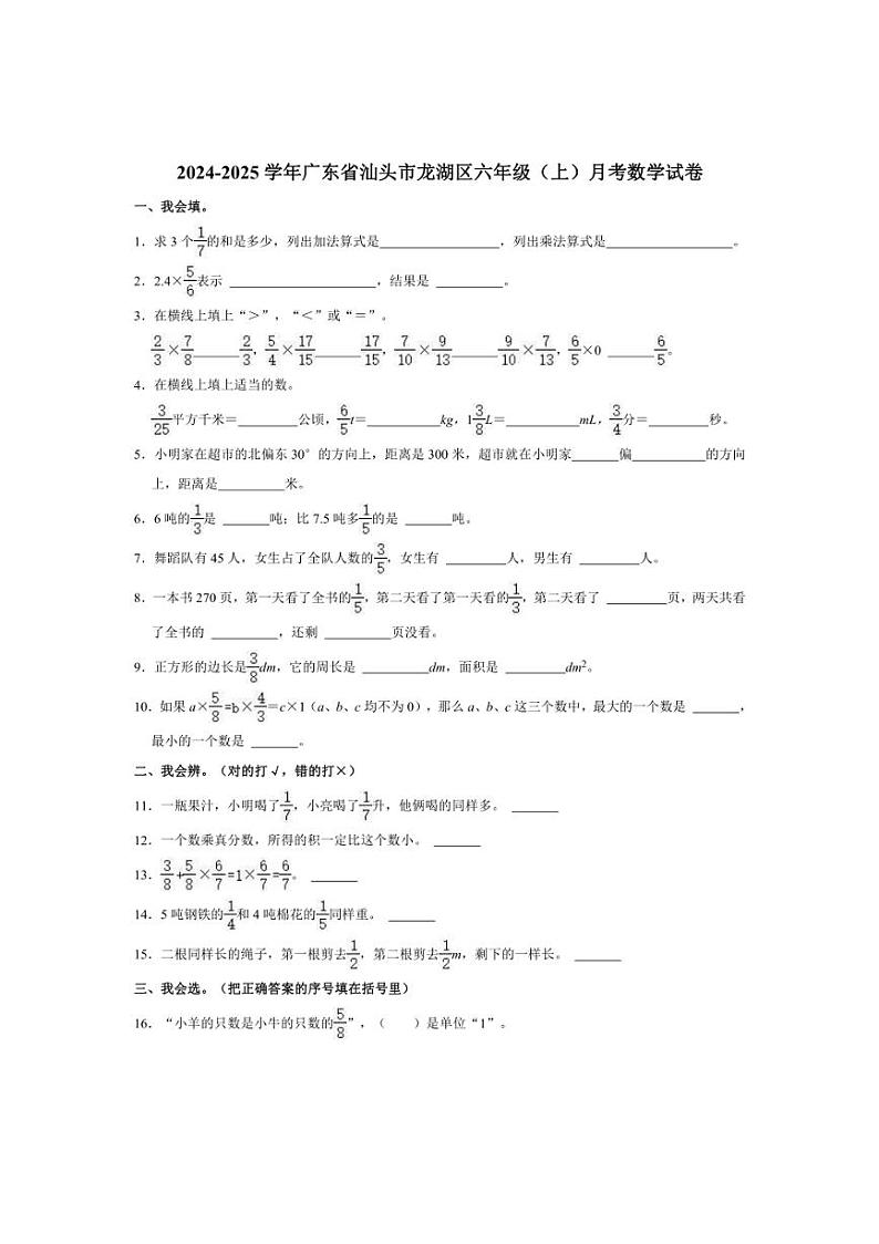 [数学]2024～2025学年广东省汕头市龙湖区六年级(上)月考试卷(含答案)第1页