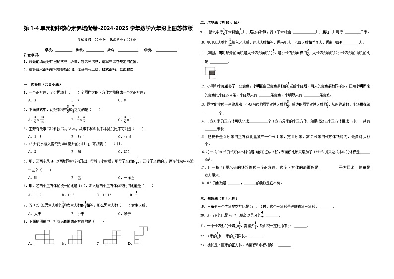 期中核心素养卷（试题）-2024-2025学年数学六年级上册苏教版第1页