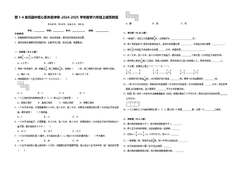 第1-4单元期中核心素养密押卷（试题）-2024-2025学年数学六年级上册苏教版01
