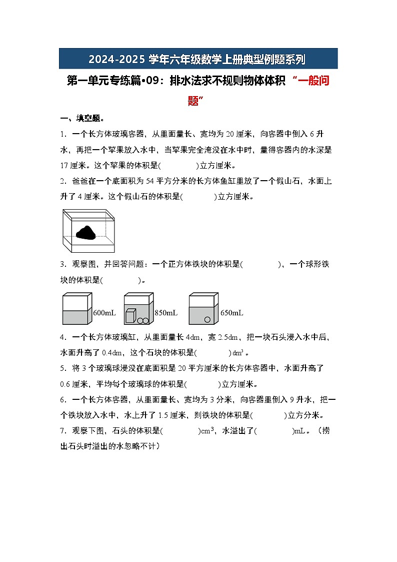 第一单元专练篇·09：排水法求不规则物体体积“一般问题”-2024-2025学年六年级数学上册典型例题系列（学生版）苏教版第1页