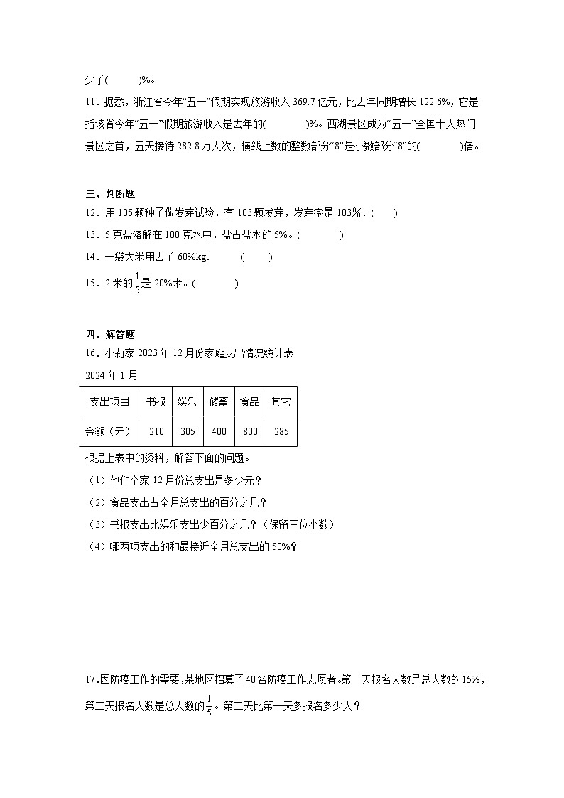 第六单元百分数（一）巩固练  人教版数学六年级上册第2页