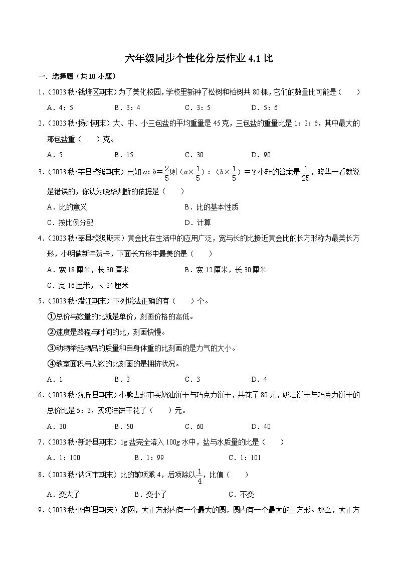 4.1比（基础作业）2024-2025学年六年级上册数学 人教版（含解析）第1页