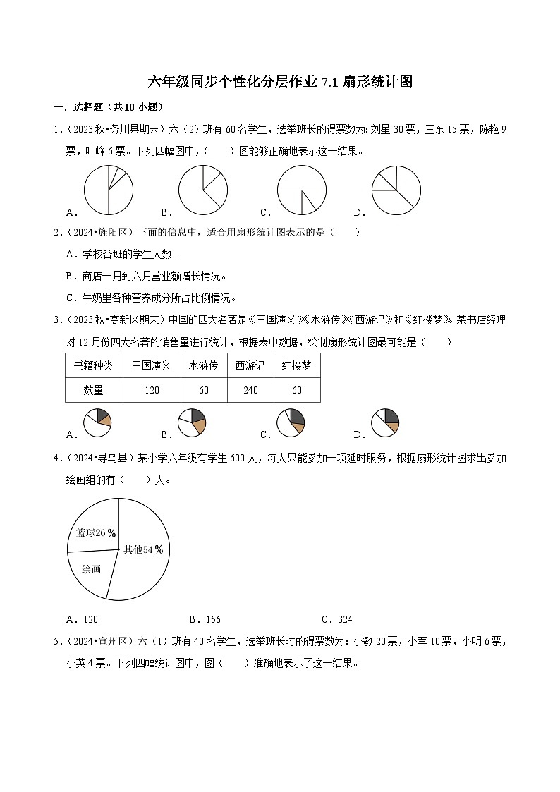 7.1扇形统计图（基础作业）2024-2025学年六年级上册数学 人教版（含解析）第1页