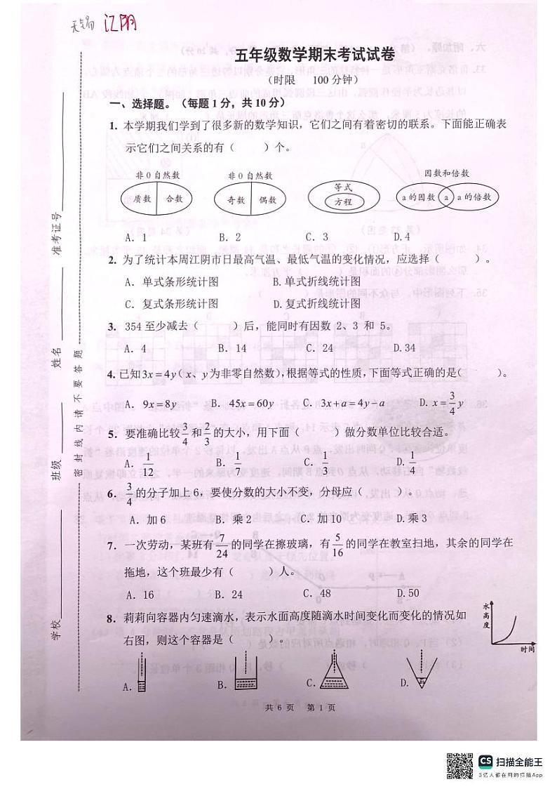 江苏省无锡市江阴市2023-2024学年五年级下学期期末数学试卷第1页